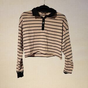 2000s Casual Striped Cotton Crop Top Faded Rose Button Collar Small Beige Black